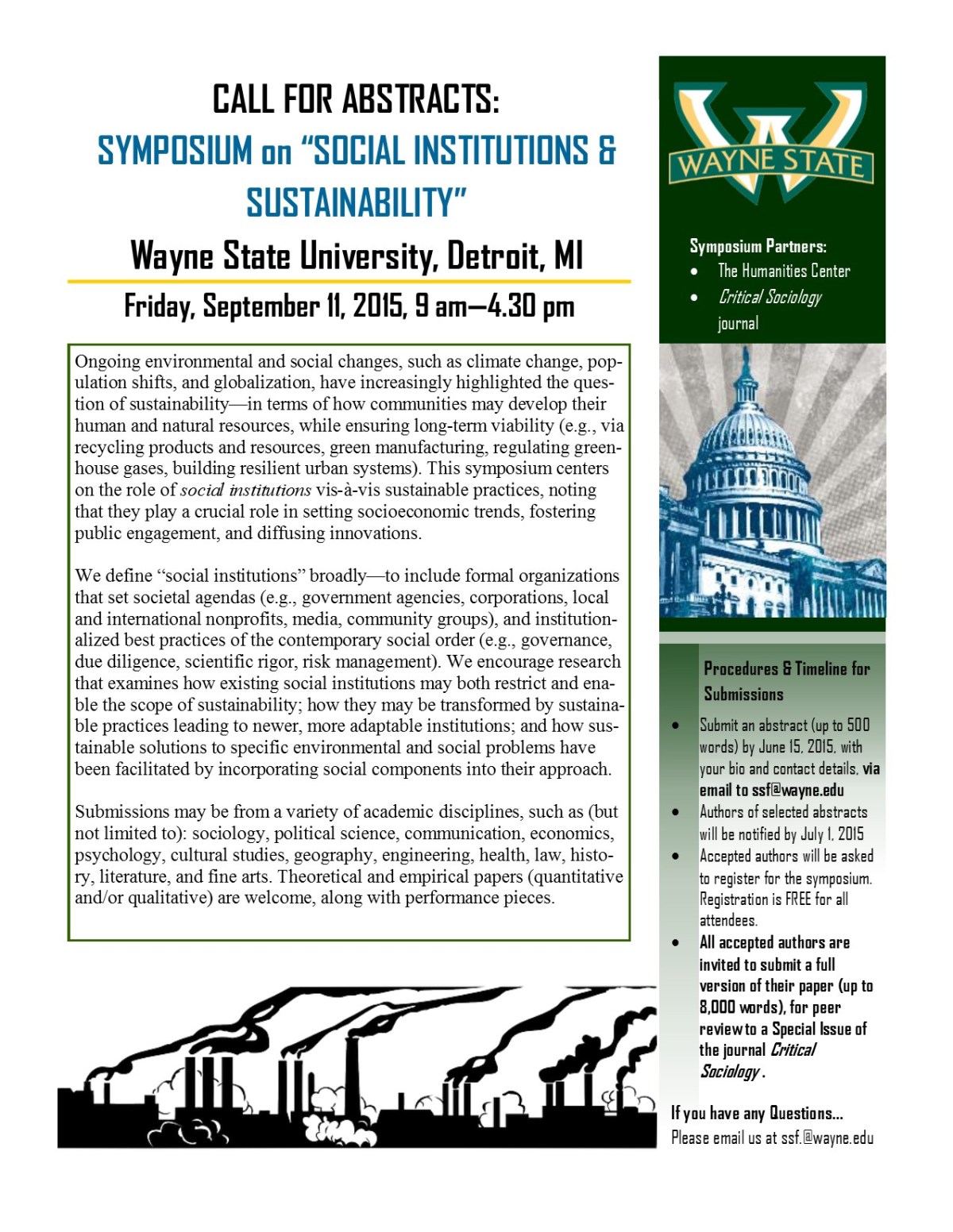 Upcoming deadline for “Social Institutions & Sustainability” research symposium at Wayne State University: June 15,&nbsp;2015